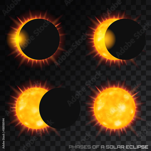 Vector phases of the total solar eclipse with corona on transparent background.