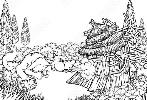 Big Bad Wolf Blowing Down House Three Little Pigs 