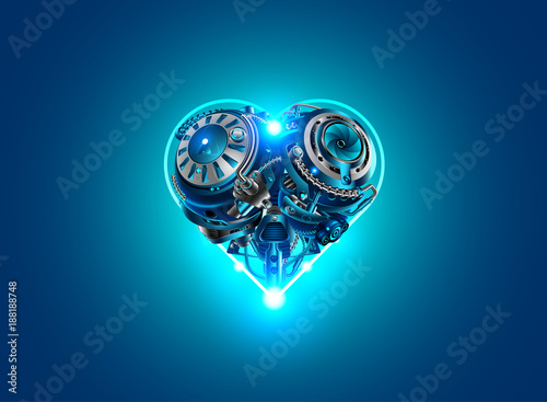 Background card Valentine's day in style, technology, robots, industry, cybernetics and science. Mechanical heart, metal mechanism in the form of heart on a blue background lights up.