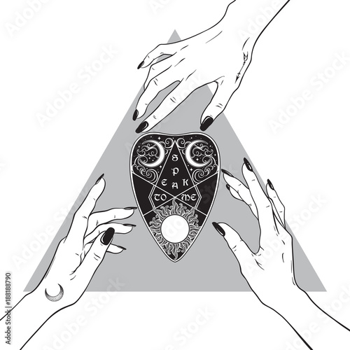 Hands of three witches reaching out to the ouija mystifying oracle planchette. Black work, tattoo, poster art or print design hand drawn vector illustration