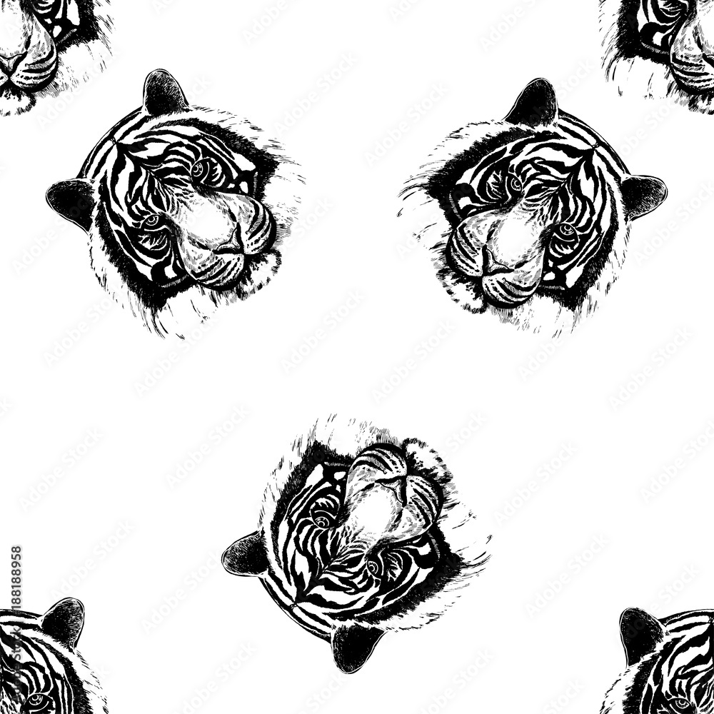 Seamless pattern of hand drawn sketch style tiger faces. Vector illustration isolated on white background. Seamless pattern of hand drawn sketch style tiger faces. Vector illustration isolated on white background.