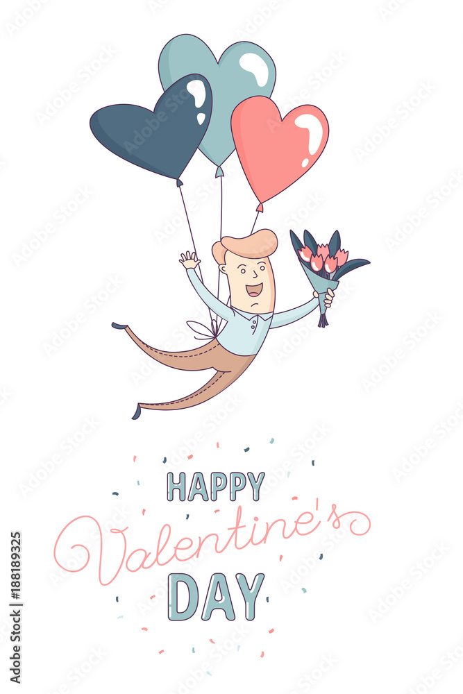 Happy Valentine's Day greeting card Cute funny boy, man boyfriend, male character flying heart shape balloon with flowers. Flat line design. Vector illustration. Happy Valentine's Day greeting card Cute funny boy, man boyfriend, male character flying heart shape balloon with flowers. Flat line design. Vector illustration.