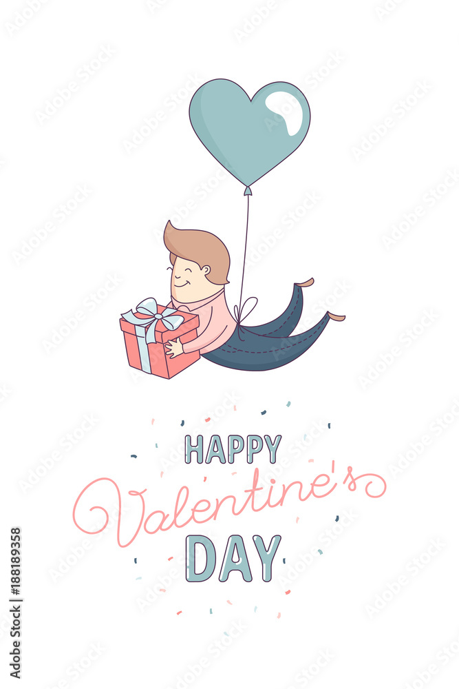 Happy Valentine's Day greeting card Cute funny boy, man boyfriend, male character flying heart shape balloon with present. Flat line design. Vector illustration.