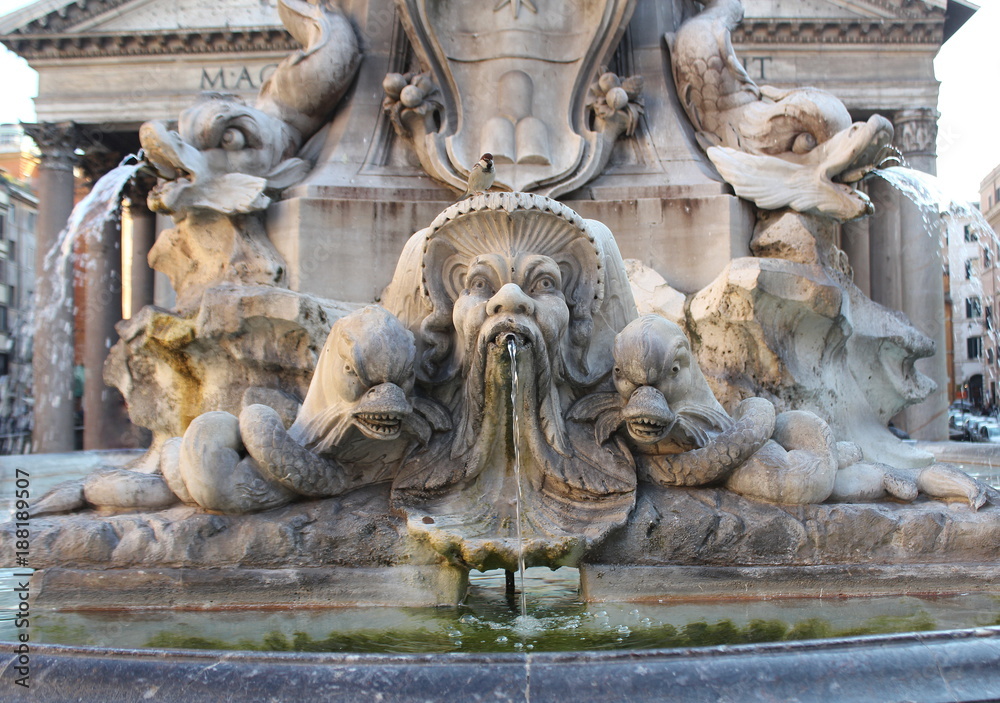 Ancient fountain of Piazza Rotonda outside Pantheon in Rome, Italy