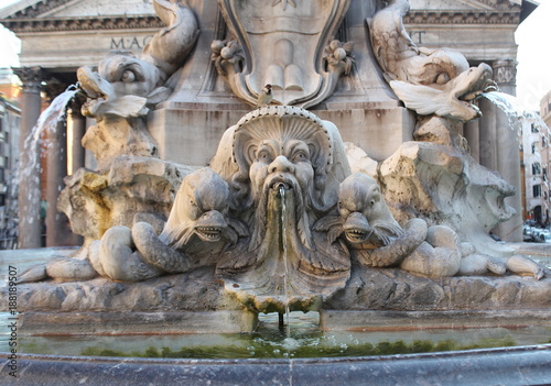 Ancient fountain of Piazza Rotonda outside Pantheon in Rome, Italy