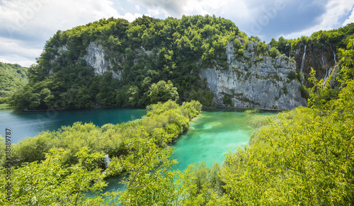 Aerial panoramic view on Plitvice lakes and waterfalls  Croatia