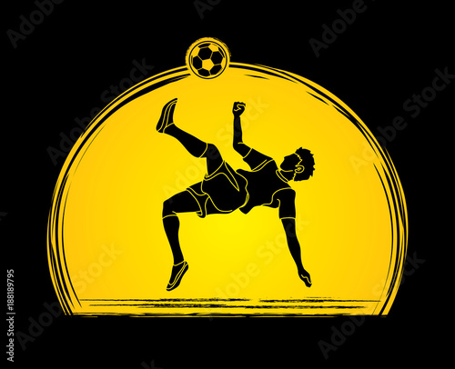Soccer player somersault kick , overhead kick action designed on sunset background graphic vector