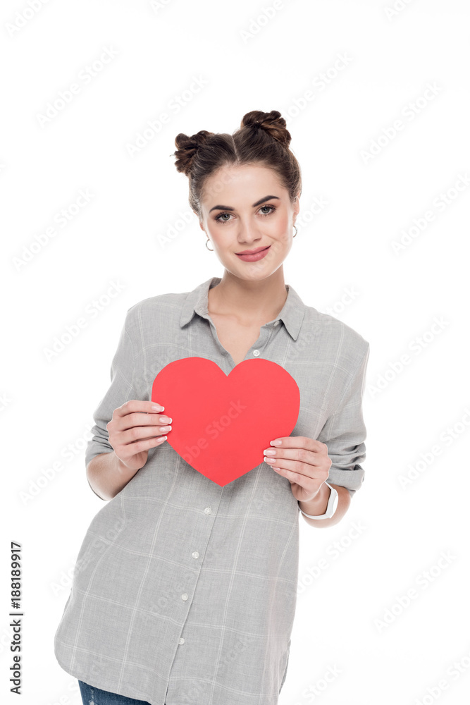 smiling girl holding red paper heart isolated on white, valentines day concept