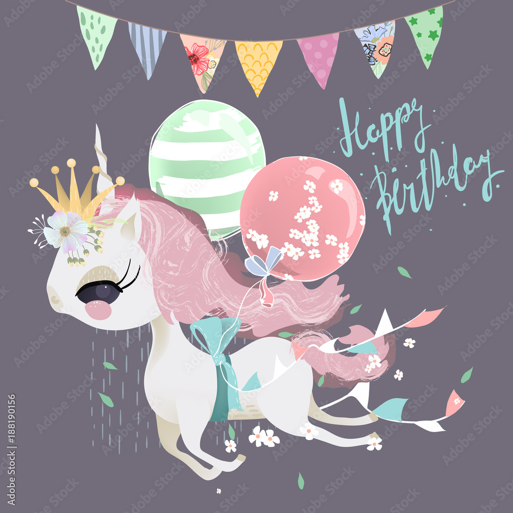 Naklejka premium Cute dreaming flying baby unicorn girl with ballons, flowers and tied bow. Festive hanging flags and Happy Birthday lettering