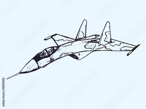 Military airplane Su, hand drawn doodle sketch, isolated vector outline illustration