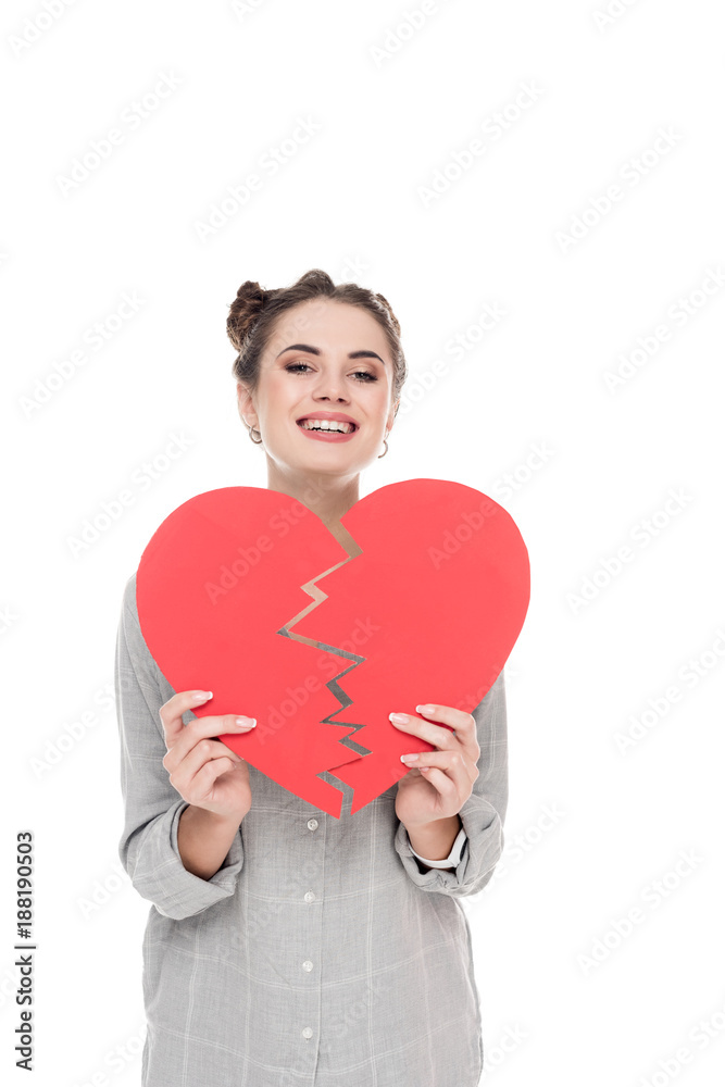 happy girl holding two pieces of paper heart isolated on white, valentines day concept happy girl holding two pieces of paper heart isolated on white, valentines day concept