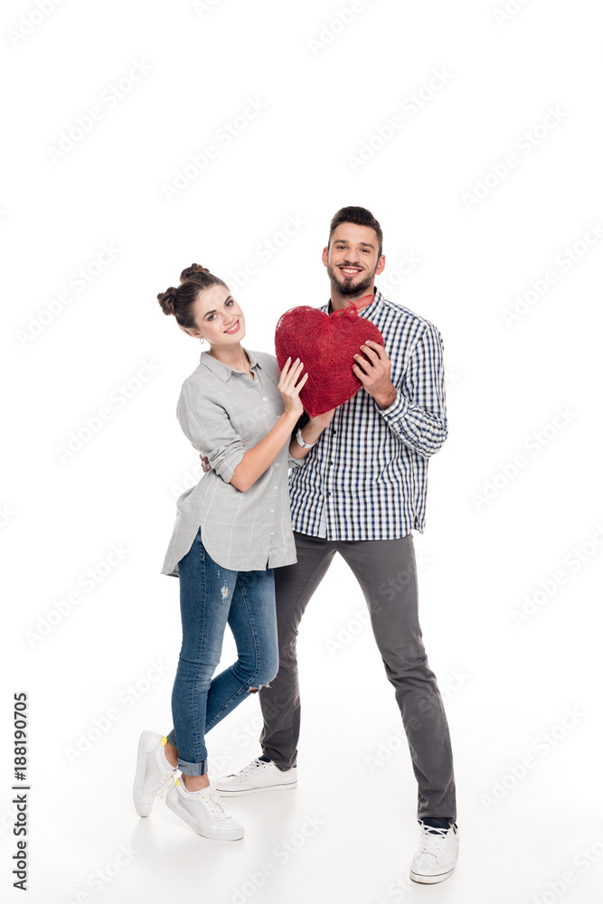 couple holding heart of threads on white, valentines day concept couple holding heart of threads on white, valentines day concept