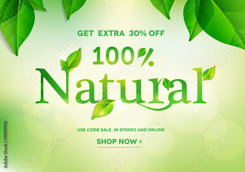 100% Natural lettering on natural green background.Natural sale.Vector illustration EPS10