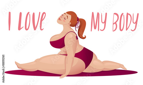 Happy plus size girl doing full split. Happy body positive concept. I love my body. Attractive overweight woman stretching. For Fat acceptance movement, no fatphobia. Illustration on white background