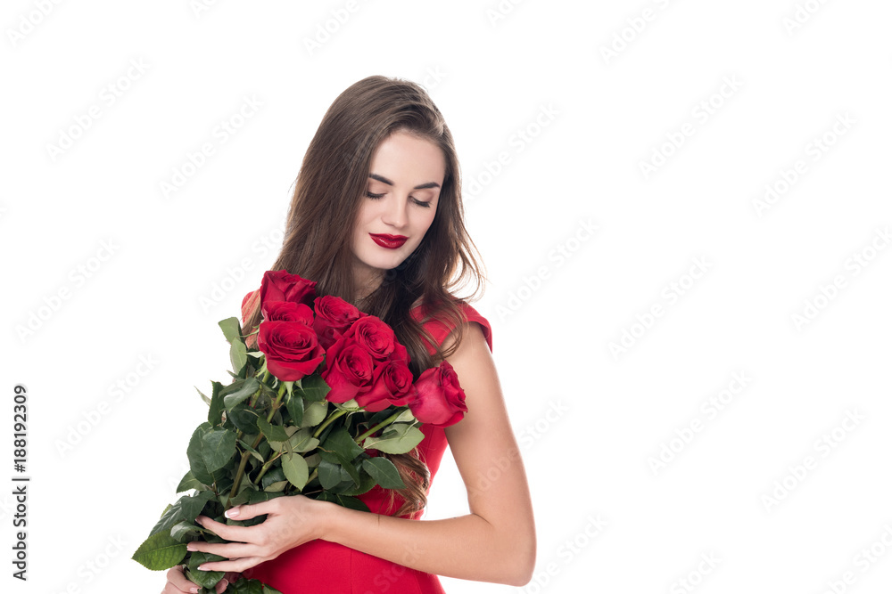attractive girl standing with bouquet of red roses isolated on white attractive girl standing with bouquet of red roses isolated on white