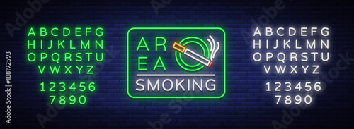 Smoking area is a vector neon sign. Neon symbol, a luminous sign is a place for smoking. Bright sign, luminous banner. Editing text neon sign. Neon alphabet