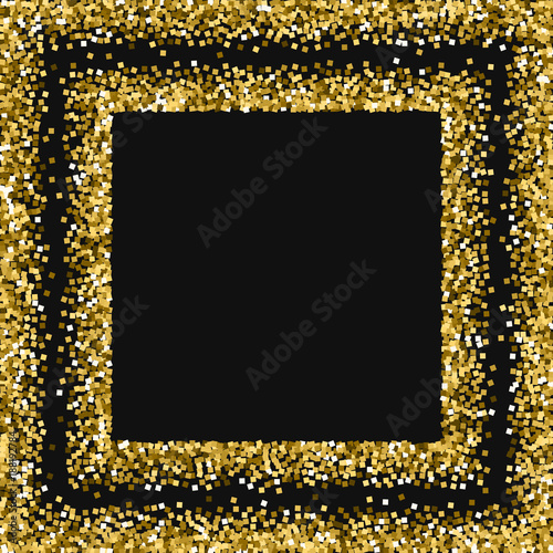Gold glitter. Square scattered frame with gold glitter on black background. Ravishing Vector illustration.