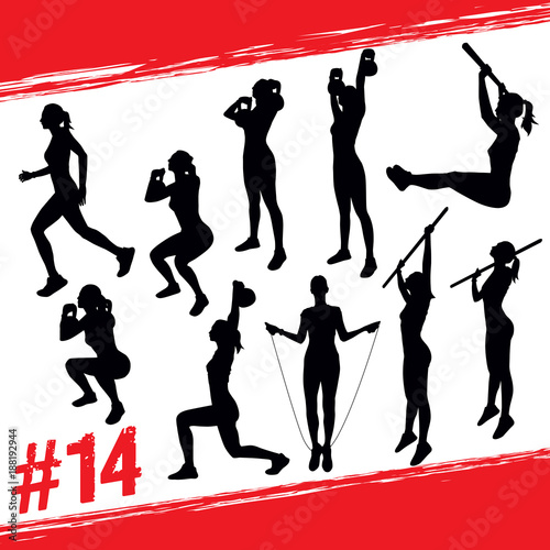 Vector silhouettes of people doing fitness and crossfit workouts