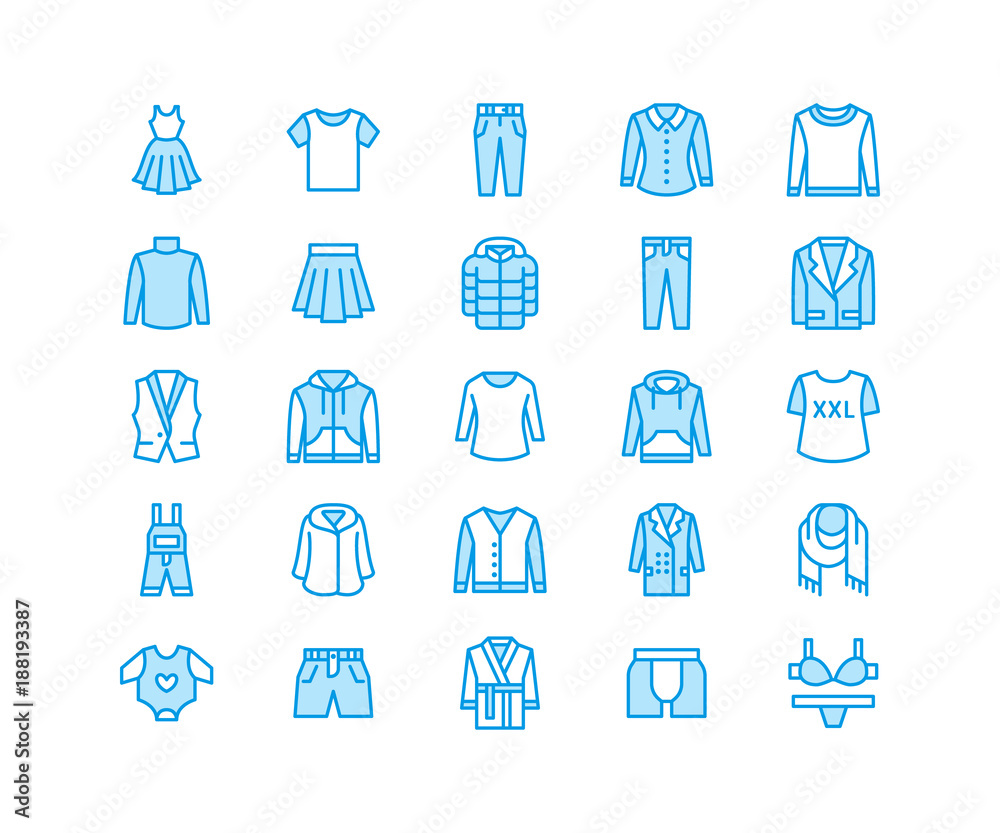 Clothing, fasion flat line icons. Mens, womens apparel - dress, down jacket, jeans, underwear, sweatshirt. Thin linear signs for clothes and accessories store. Pixel perfect 64x64. Clothing, fasion flat line icons. Mens, womens apparel - dress, down jacket, jeans, underwear, sweatshirt. Thin linear signs for clothes and accessories store. Pixel perfect 64x64.