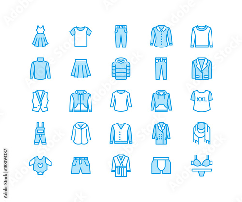 Clothing  fasion flat line icons. Mens  womens apparel - dress  down jacket  jeans  underwear  sweatshirt. Thin linear signs for clothes and accessories store. Pixel perfect 64x64.