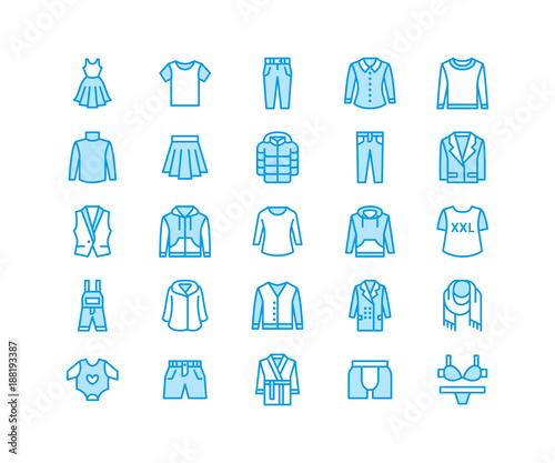 Clothing, fasion flat line icons. Mens, womens apparel - dress, down jacket, jeans, underwear, sweatshirt. Thin linear signs for clothes and accessories store. Pixel perfect 64x64.