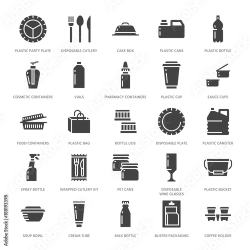 Plastic packaging, disposable tableware vector glyph icons. Product container silhouette, bottle, packet, canister, plate and cutlery. Packs filled signs, synthetic material goods. Pixel perfect 64x64