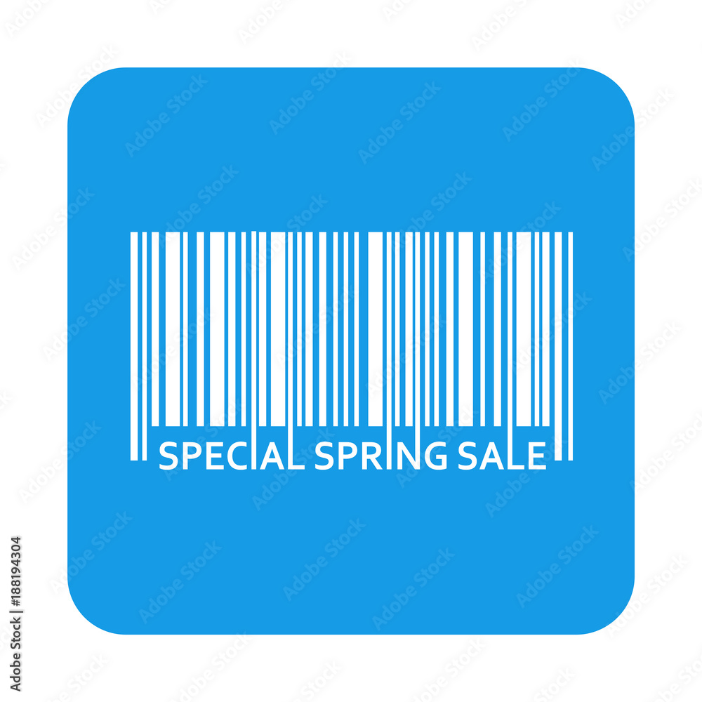 Icono plano codigo de barras SPECIAL SPRING SALE en cuadrado azul Icono plano codigo de barras SPECIAL SPRING SALE en cuadrado azul