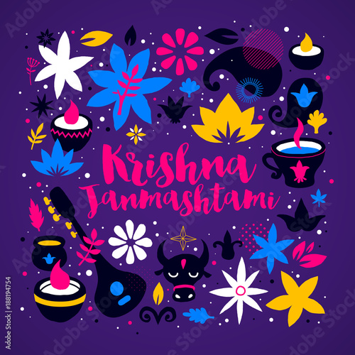 Fotografie Krishna Janmashtami design template with abstract colorful elements on deep violet background