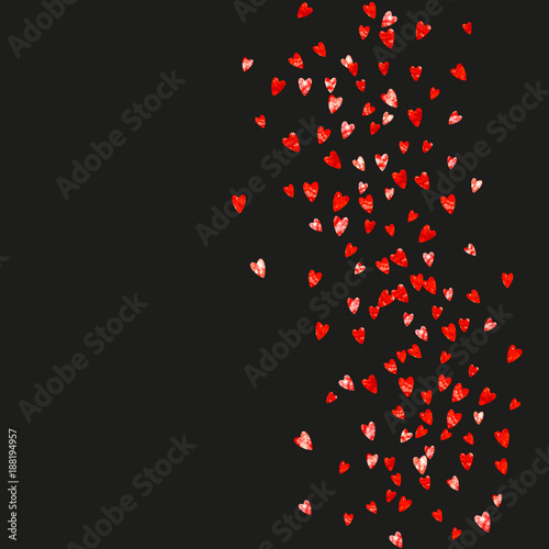 Grunge heart background for Valentines day with red glitter. February 14th day. Vector confetti for grunge heart background. Hand drawn texture. Love theme for voucher, special business ad, banner.