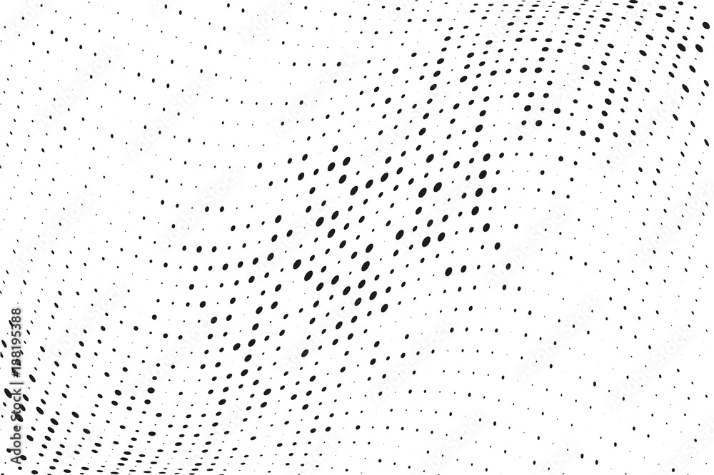 Grunge halftone background. Digital gradient. Wavy dotted pattern with circles, dots, point small and large scale. 