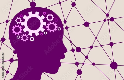 Silhouette of a woman with open mouth. Head side view. Mental health relative brochure, report or leaflet design template. Scientific medical designs. Gears as brains
