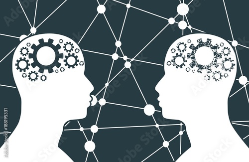 Silhouette of a men head. Mental health relative brochure, report or leaflet design template. Scientific medical designs. Human communication. Gears group as a symbol of a brains