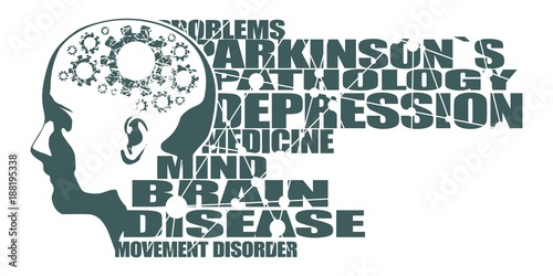 Abstract illustration of a human head. Woman face silhouette. Medical theme creative concept. Parkinsons syndrome disease tags cloud. Damaged gears in brain as symbol of mental disease