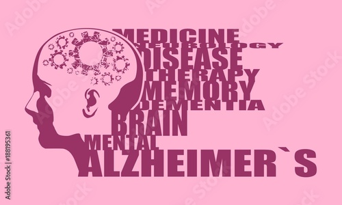Abstract illustration of a human head . Woman face silhouette. Medical theme creative concept. Alzheimers disease tags cloud. Damaged gears in brain as symbol of mental disease