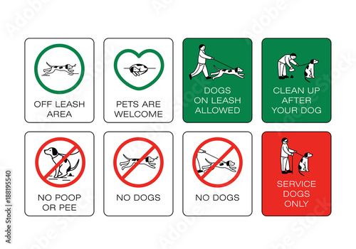 Dog owner sign set. Prohibiting and resolving signs.