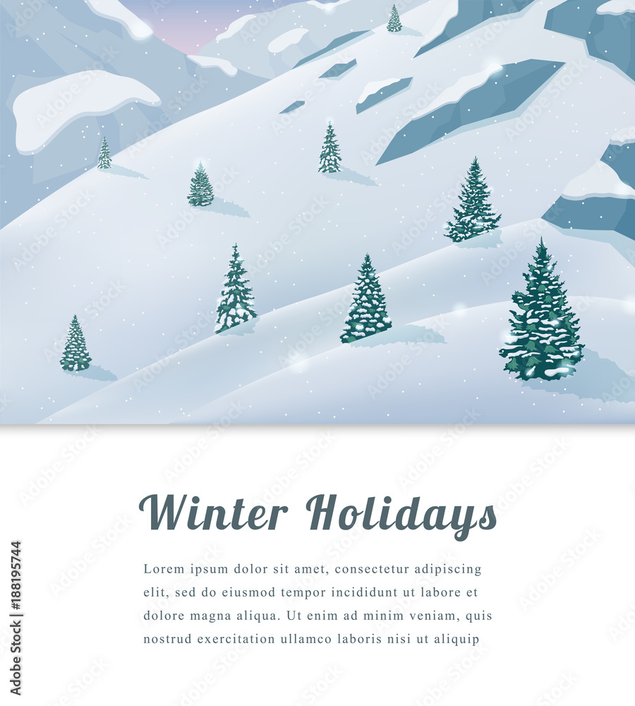 Landscape with mountain peaks. Winter sport vacation and outdoor recreation. Vector