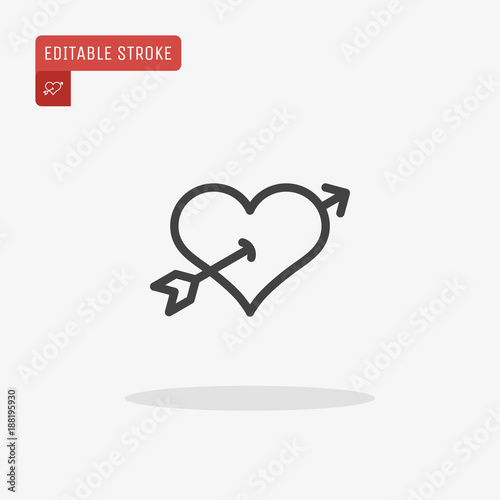 Outline heart with Cupid arrow icon isolated on grey background. Line love pictogram. Amour sign. Valentines day symbol for website design, logo, ui. Editable stroke. Vector illustration. Eps10.