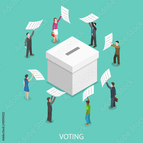 Voting flat isometric vector concept. People are putting their ballot papers into the big paper voting box.