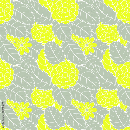 Seamless pattern with yellow flowers and grey leaves