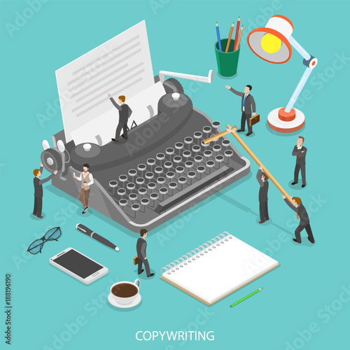 Copywriting flat isometric vector concept. People are trying to create some text on the paper sheet using a typewriter.