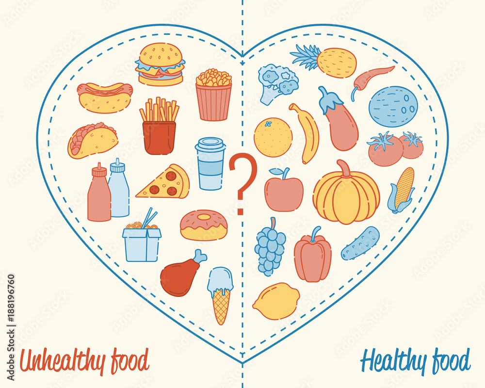 Healthy lifestyle concept. Choose what you eat. Healthy lifestyle and bad habits. Vector