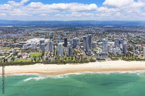 Sunny aerial view of Broadbeach looking inland on the Gold Coast, Queensland, Australia