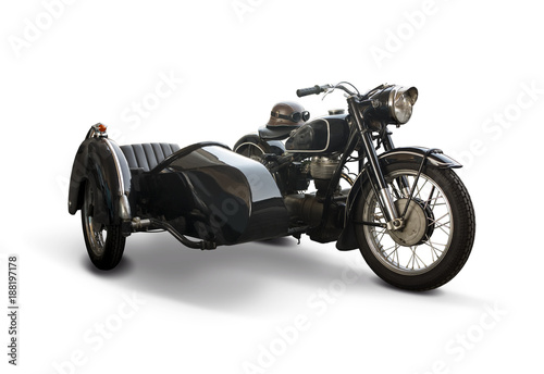 Black classic motorcycle with side car isolated on white background