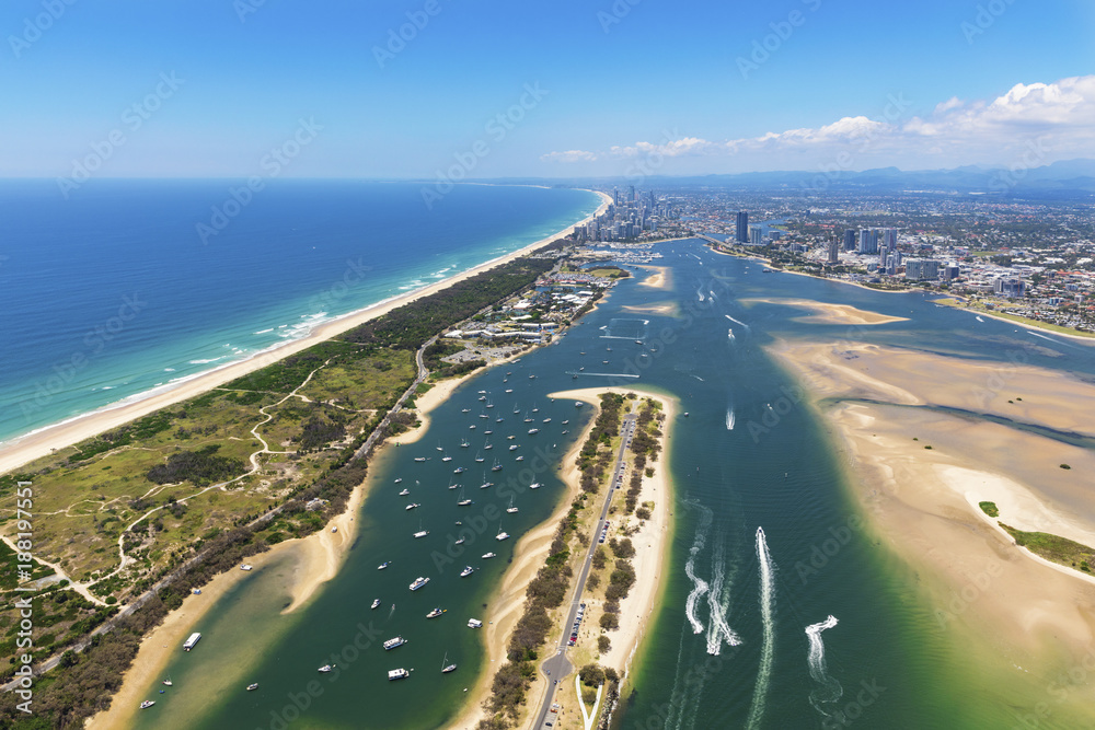 Sunny aerial view of The Spit and Broadwater looking towards Surfers Paradise