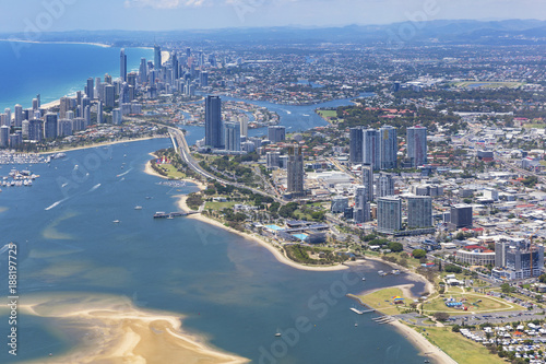 Sunny aerial view of Southport and Surfers Paradise on the Gold Coast