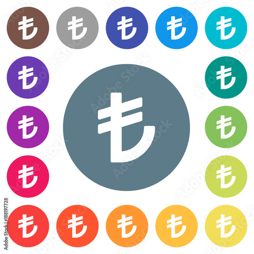 Turkish Lira sign flat white icons on round color backgrounds