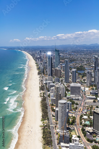 Vertical aerial view of sunny Surfers Paradise on the Gold Coast