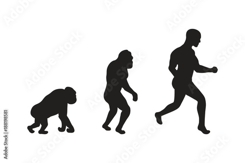 Illustration of Human evolution process. 3 stages. Darwin's theory. Black vector silhouettes.