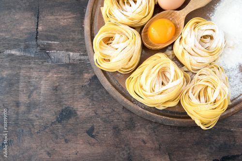 Traditional italian pasta Tagliatelle with ingredients. Homemade pasta tagliatelle with eggs