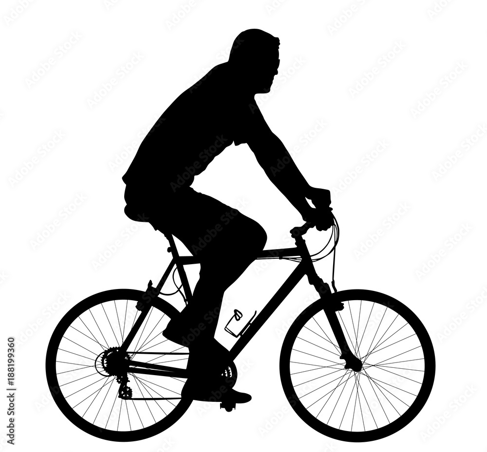 A male bicyclist riding a bicycle isolated against white background silhouette vector illustration. A male bicyclist riding a bicycle isolated against white background silhouette vector illustration.